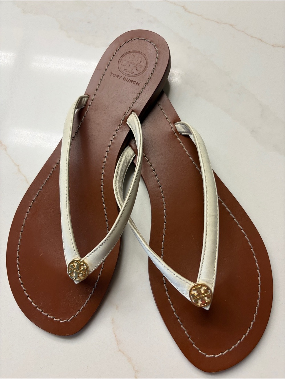 Tory Burch Cream Leather Thong Sandals with Gold Logo